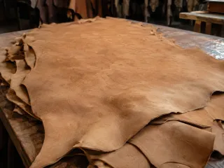 Piel de crust color camel extendida sobre una mesa de madera, con la superficie mate esmerilada y pieles colgadas al fondo