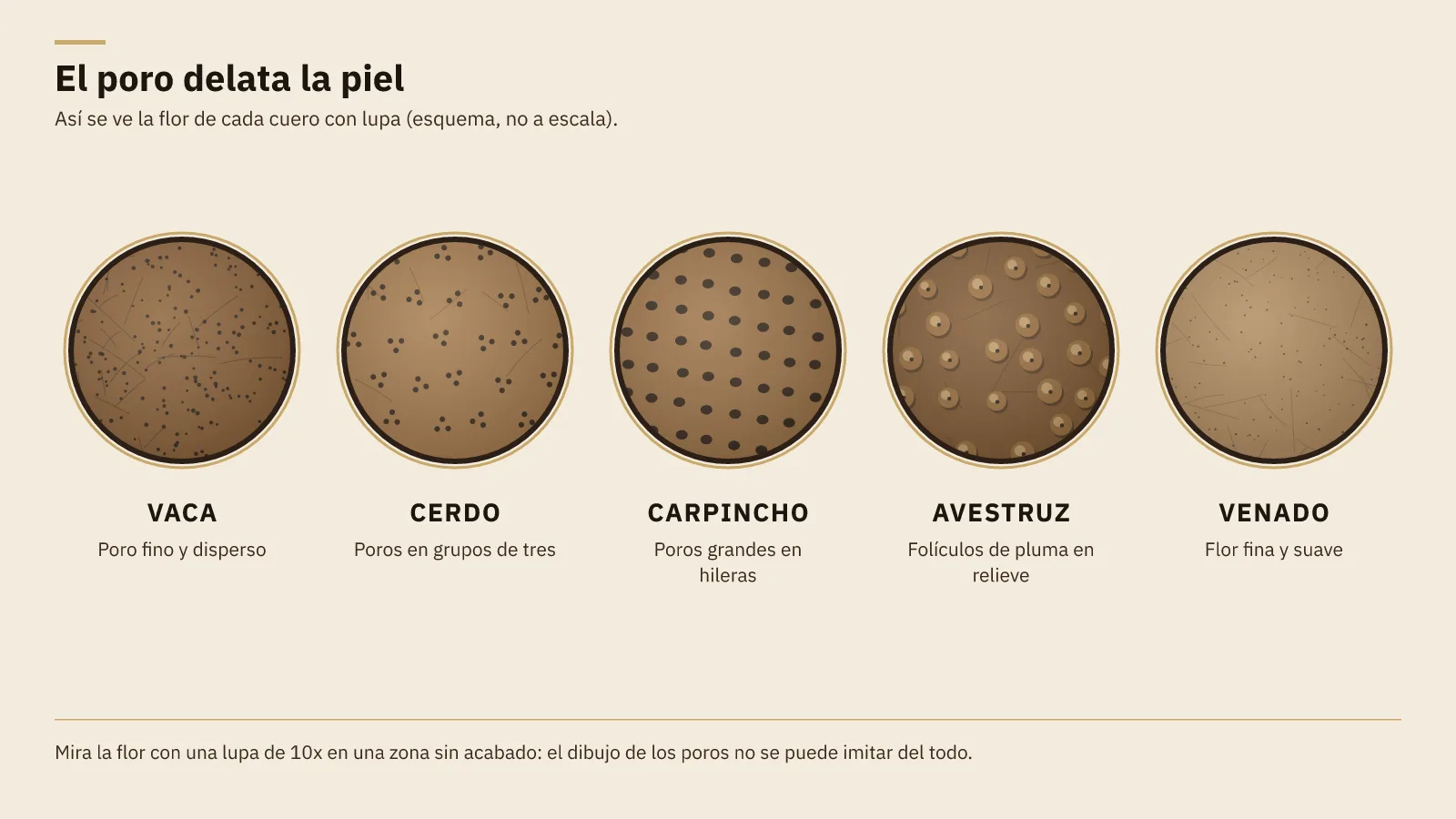 Diagrama del poro de cada piel vista con lupa: vaca con poro fino, cerdo con poros de tres, cuero de carpincho con poros grandes en hileras, avestruz y venado